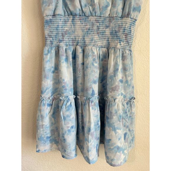 KLD Signature Blue Watercolor Sleeveless Smocked  Mini Dress V Neck Size Medium - Picture 7 of 12